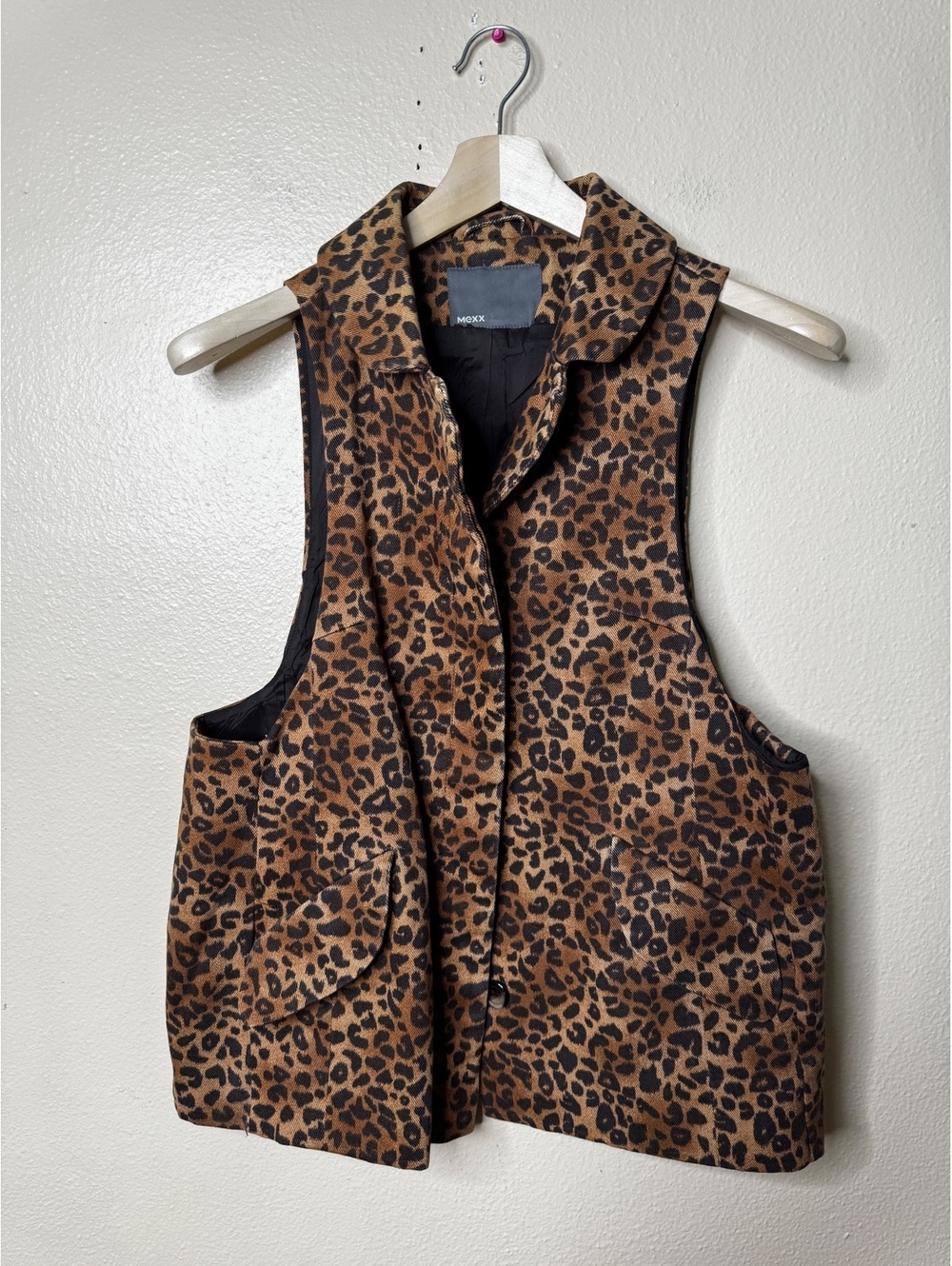 Mexx Vest Women’s Medium Leopard Print Sleeveless Brown Button Front Safari